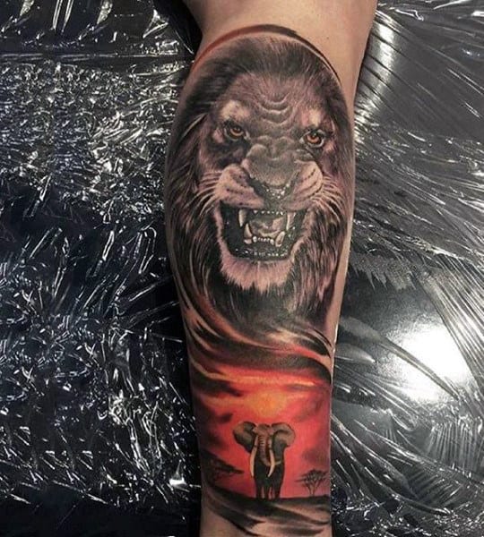 Mens Sleeve Roaring Beast And Elephant Tattoo