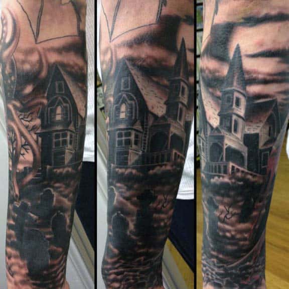 Mens Sleeve Tattoo Of Tombstones