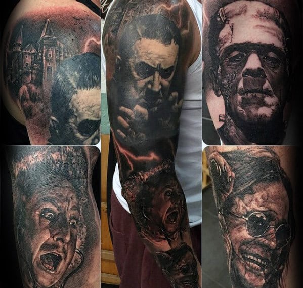 Mens Sleeve Tattoo With Dracula And Frankenstein Design