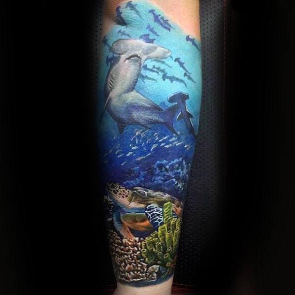 Mens Sleeve Tattoo With Shark And Coral Reef Design