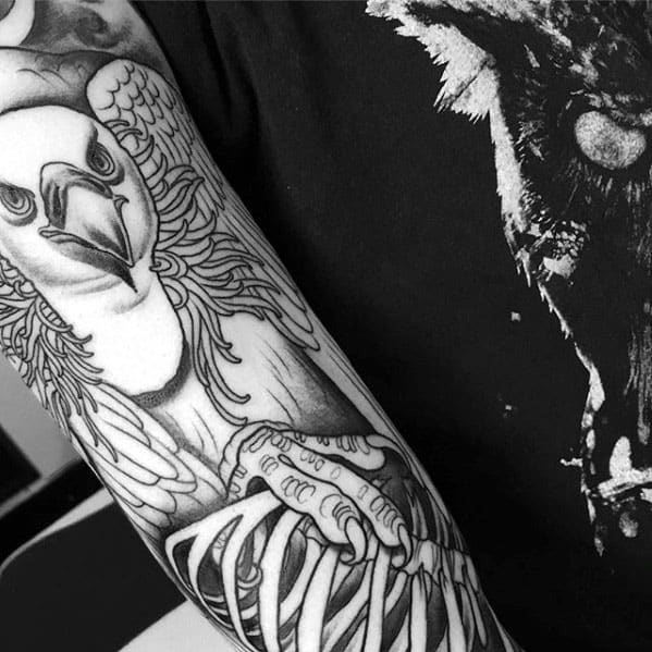 Mens Sleeve Vulture With Rib Bone Skeleton Tattoo