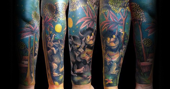 Mens Sleeve Where The Wild Things Are Themed Tattoos