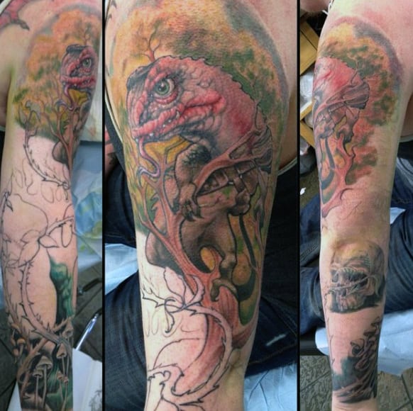 Mens Sleeves Angry Pink Forest Lizard Tattoo