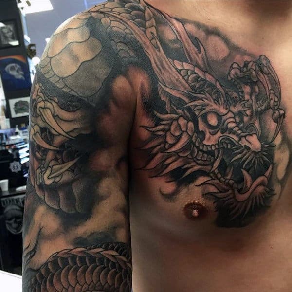 Mens Sleeves Ferocious Grey Dragon Tattoo