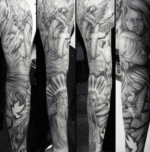Mens Sleeves Grey Religious Dove Tattoo