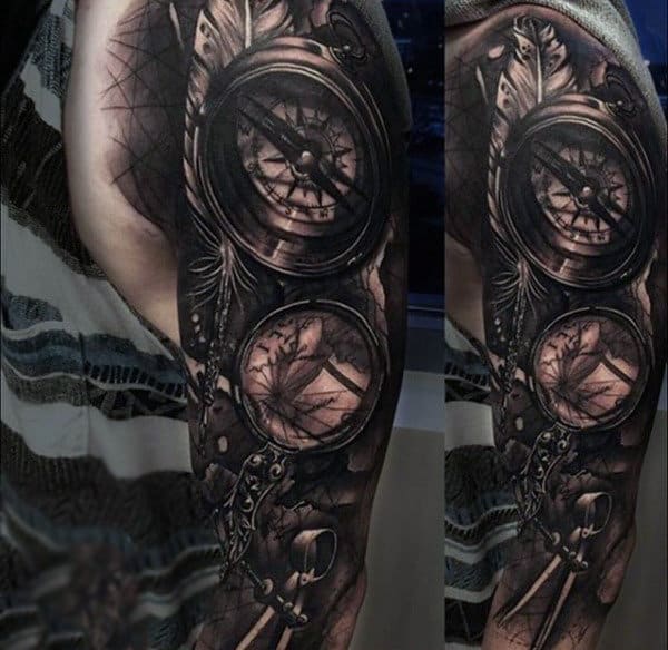 Mens Sleeves Realistic Compass And Magnifying Viewer Tattoo