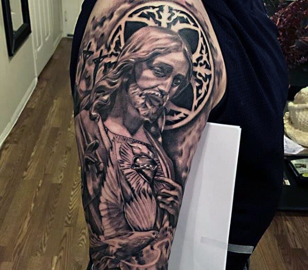 Mens Sleeves Religious Jesus With Sparkling Stone Tattoo