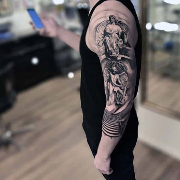 Mens Sleeves Seated Guardian Angel Tattoo