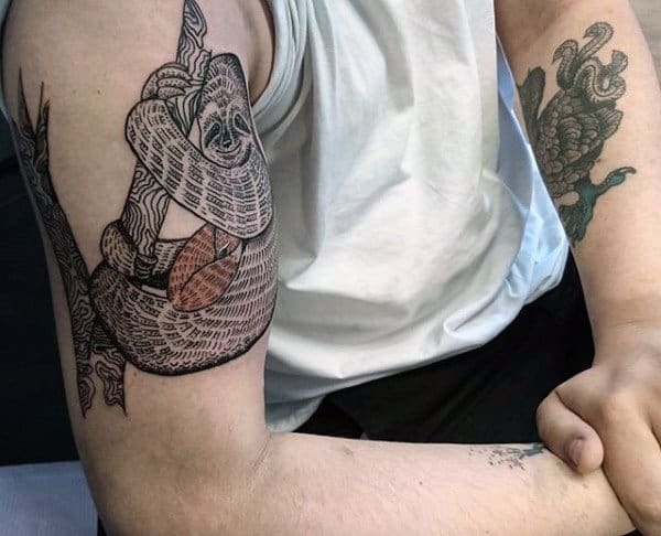 Mens Sloth Hugging Tree Branch Upper Arm Tattoo Designs