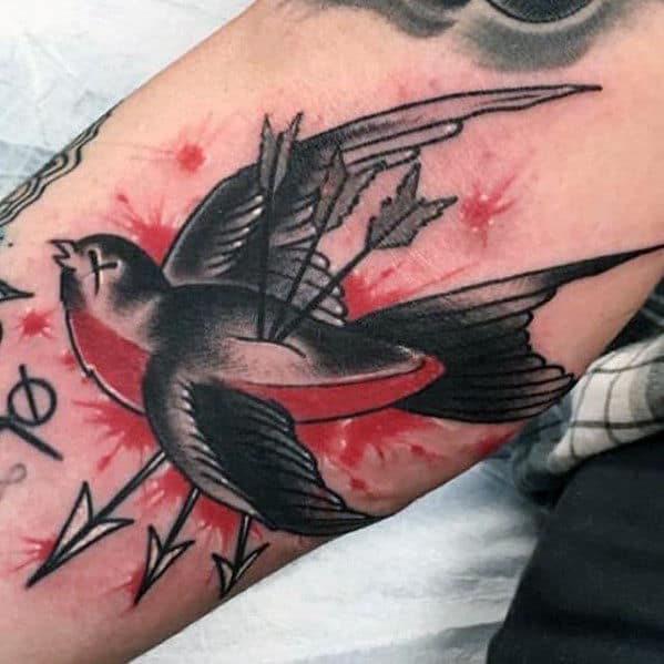 Mens Small Dead Sparrow With Arrows Traditional Arm Bird Tattoo