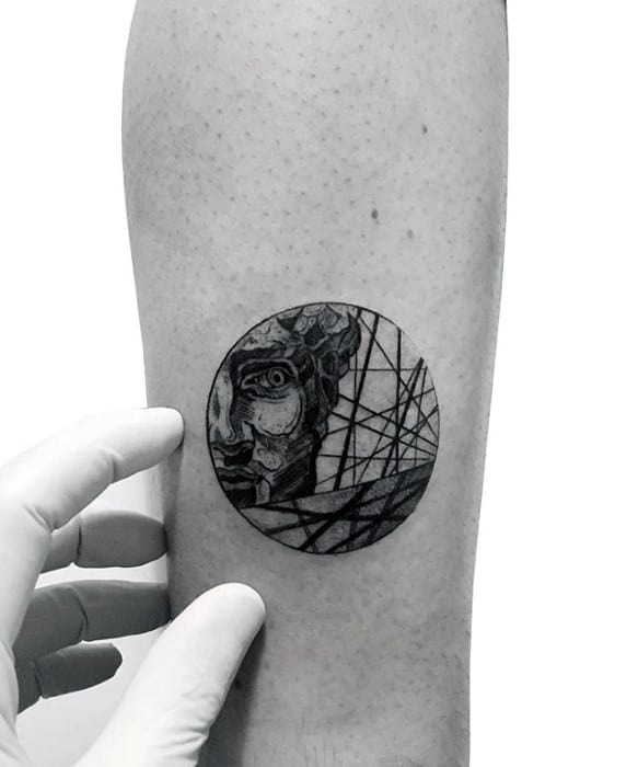 Mens Small Detailed Stone Statue With Lines Inner Forearm Tattoo