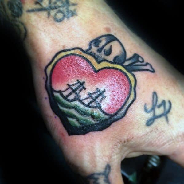 Mens Small Hand Tattoo Ideas With Heart And Sinking Ship Design