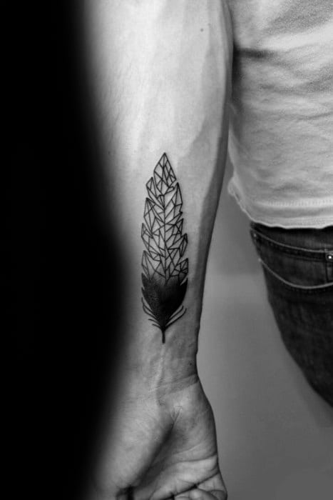 Mens Small Inner Forearm Geometric Feather Tattoo Design Ideas
