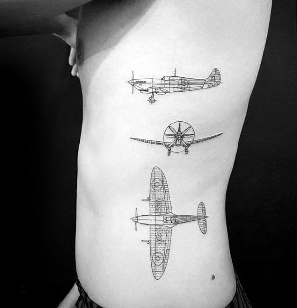 Mens Small Manly Flying Airplane Diagram Tattoos