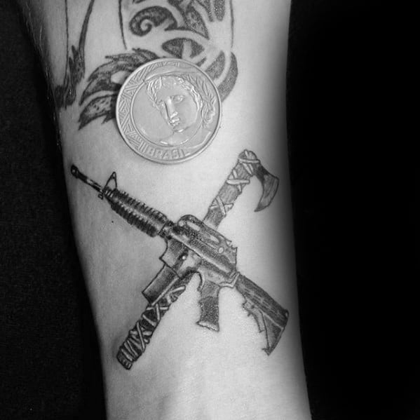 Mens Small Manly Rifle With Battle Axe Inner Forearm Tattoo