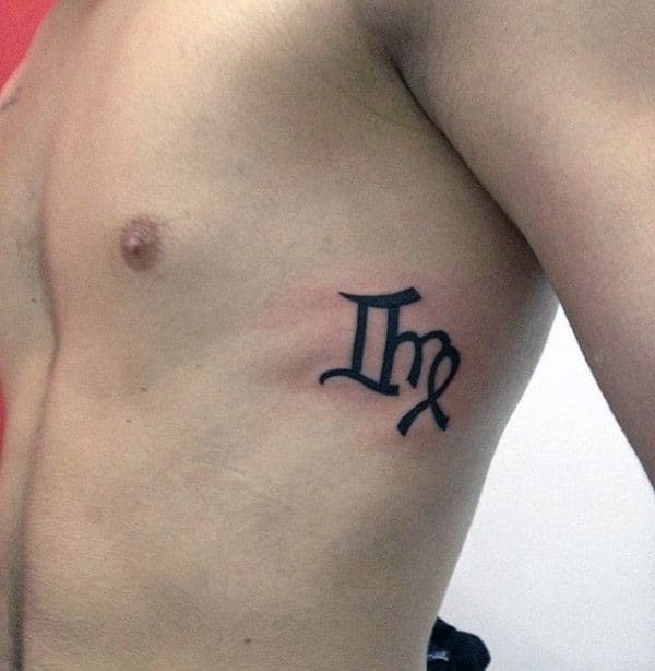 Mens Small Rib Cage Side Virgo Zodiac Symbol Tattoo