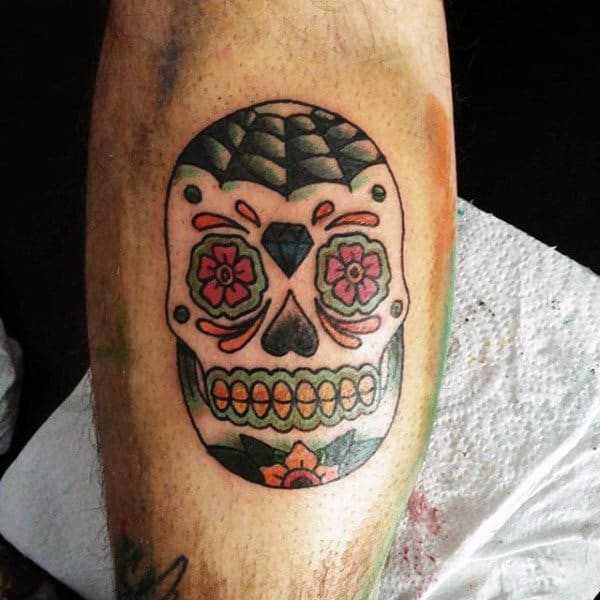 Mens Small Simple Sugar Skull Inner Forearm Tattoos
