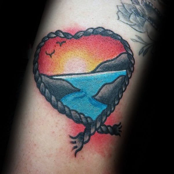 Mens Small Sunset Rope Heart Traditional Arm Tattoos