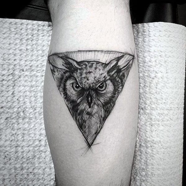 Mens Small Triangle Geometric Owl Leg Calf Tattoo