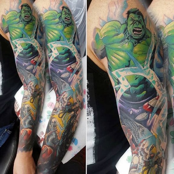 Mens Smashing Hulk Marvel Tattoo Sleeve Ideas