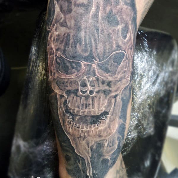 Men's Smoke Skull Tattoo On Legs