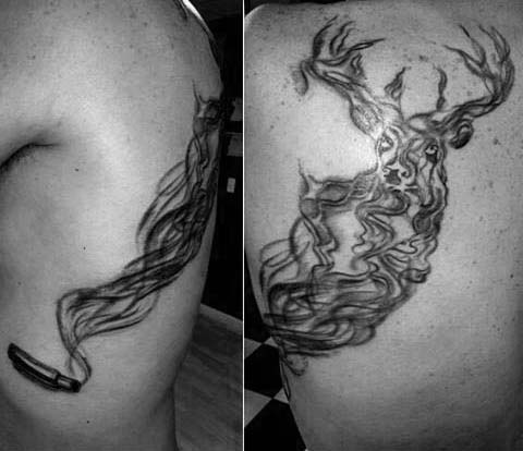 Mens Smoking Back Tattoo With Deer And Bullet