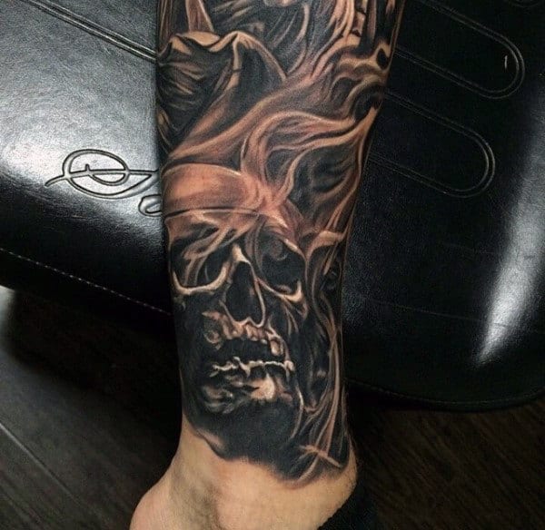 Mens Smoking Skull Detailed Leg Sleeve Tattoos