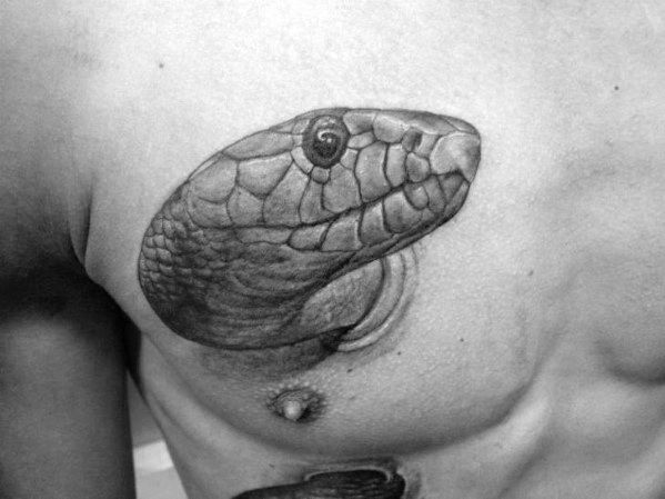 Mens Snake Head 3d Upper Chest Shaded Black And Grey Tattoo Design