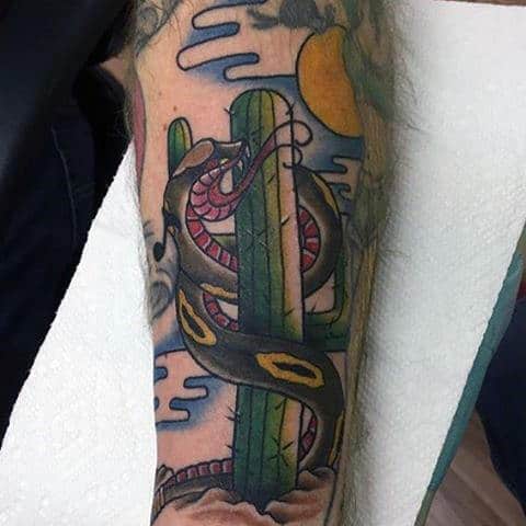 Mens Snake Wrapped Around Cactus Tattoo On Forearm