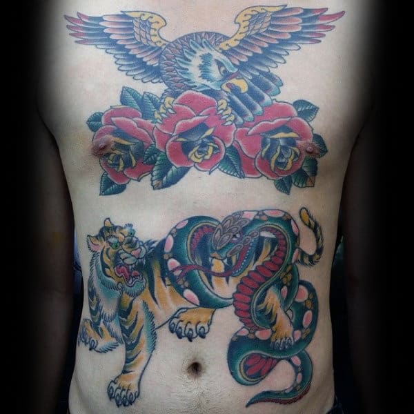 Mens Snake Wrapped Around Tiger Traditional Stomach Tattoo