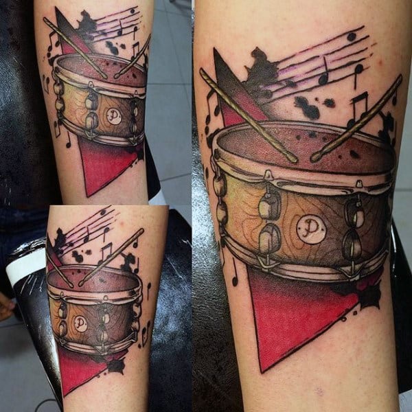 Mens Snare Drum Tattoo Watercolor Design On Forearm