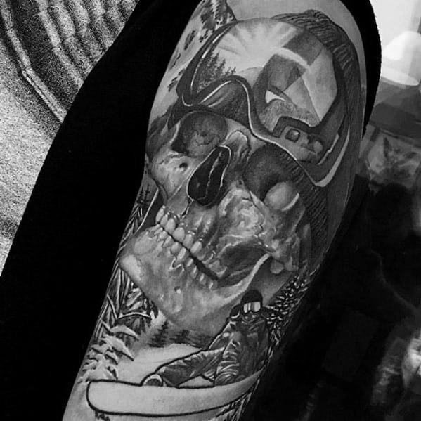 Mens Snowboarding Themed Skull Realistic Half Sleeve Tattoo