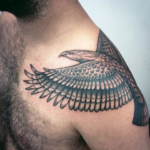 Mens Soaring Hawk Blackwork Tattoo On Shoulder