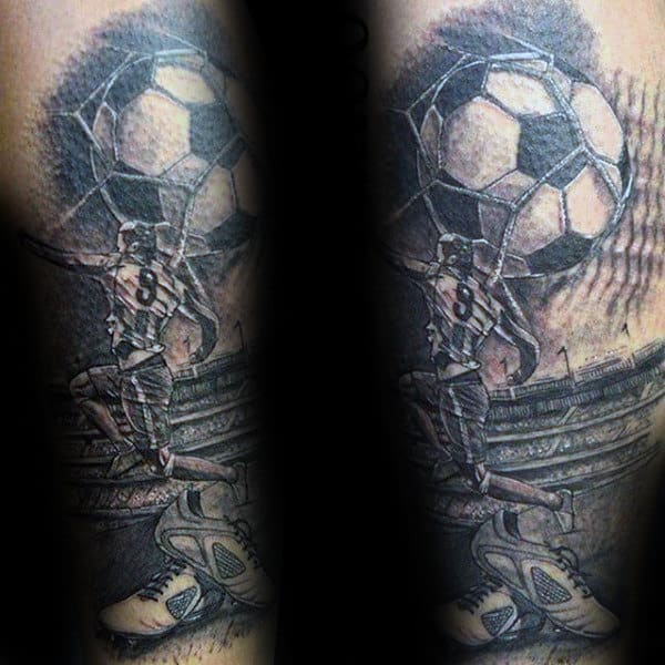 Mens Soccer Themed Half Sleeve Tattoo Design Ideas