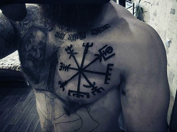 Mens Solid Black Ink Rune Upper Chest Tattoos
