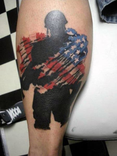 Mens Solider With American Flag Leg Army Tattoo