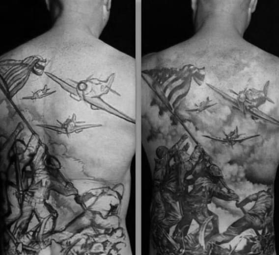 Mens Soliders Raising Falg Ww2 Full Back Tattoos