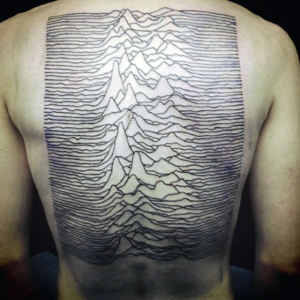 Mens Sound Waves Mountain Design Spine Back Tattoos