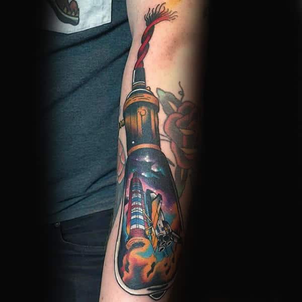 Mens Space Ship Light Bulb Forearm Tattoo