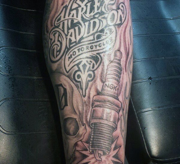 Mens Spark Plug Harley Davidson Logo Sleeve Tattoo Ideas