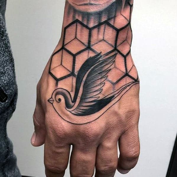 Mens Sparrow Bird Geometric Traditional Hand Tattoo