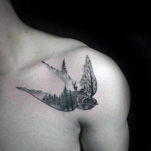Mens Sparrow Nature Scene With Trees Small Shoulder Tattoo