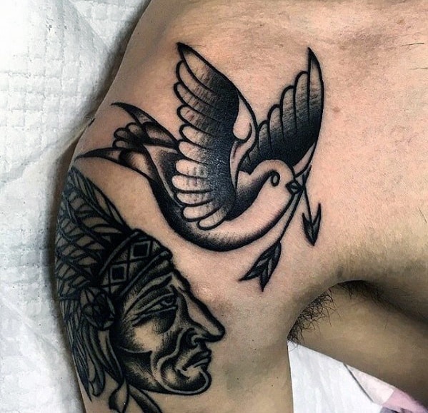 Mens Sparrow With Arrow Simple Traditional Shoulder Tattoo