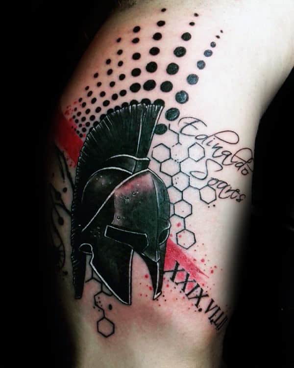 Mens Spartan Helmet Trash Polka Arm Tattoo