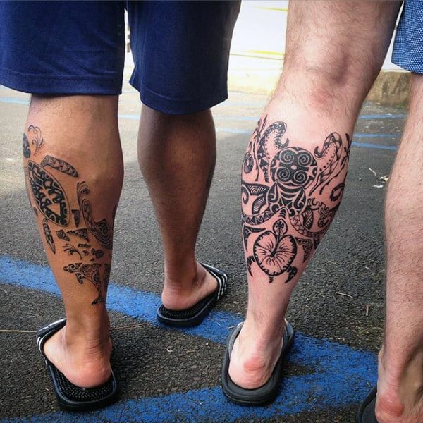 Mens Spider And Turtle Tribal Leg Tattoo