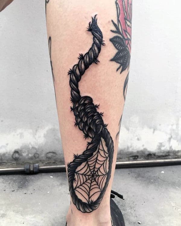 Mens Spider Web Noose Back Of Leg Tattoo