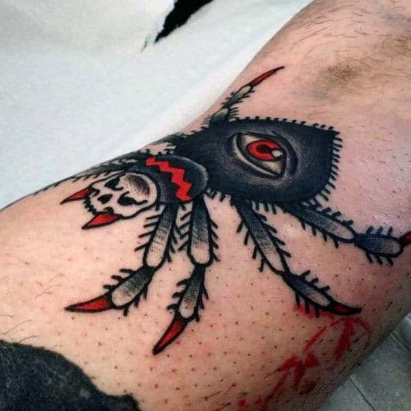 Mens Spider With Skull Traditional Leg Tattoo