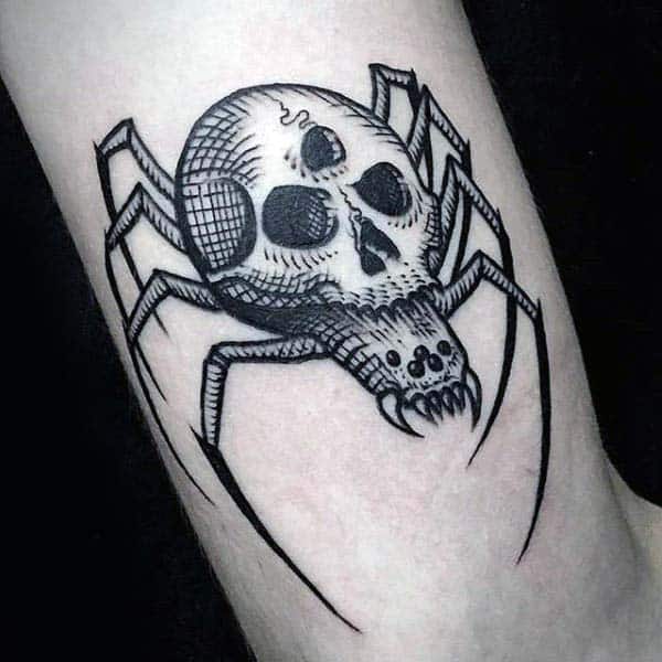 Mens Spider With Skull Woodcut Arm Tattoo