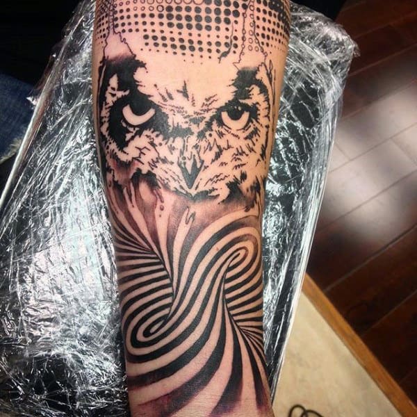 Mens Spiral Curved Optical Illusion Forearm Tattoo With Owl
