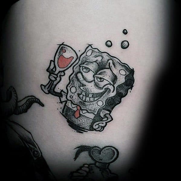 Black and grey tattoo of a smug SpongeBob holding a wine glass with a sly grin, shaded for a vintage cartoon feel.